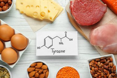 Different fresh products and paper with Tyrosine chemical formula on white wooden table, flat lay. Sources of essential amino acids clipart