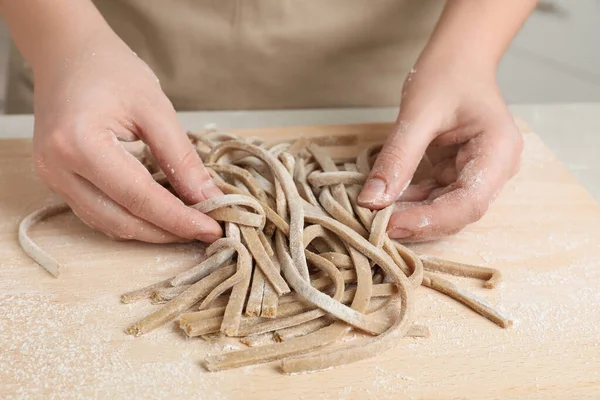 Woman Soba Buckwheat Noodles Wooden Table Closeup — Stock Photo, Image