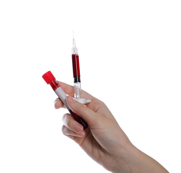 Woman Holding Syringe Sample Tube Blood White Background Closeup — Stock Photo, Image