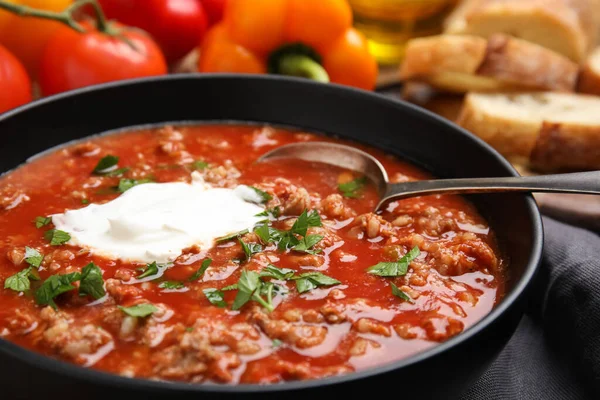 Tigela Deliciosa Sopa Pimenta Recheada Vista Close — Fotografia de Stock