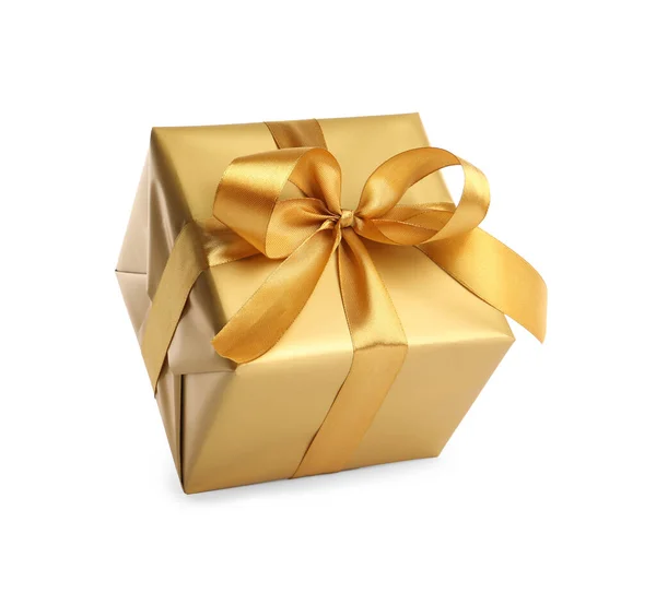 Geschenkbox Mit Goldener Schleife Und Schleife Auf Weißem Hintergrund — Stockfoto