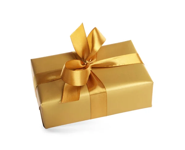 Подарочная Коробка Золотой Лентой Лук Белом Фоне — стоковое фото