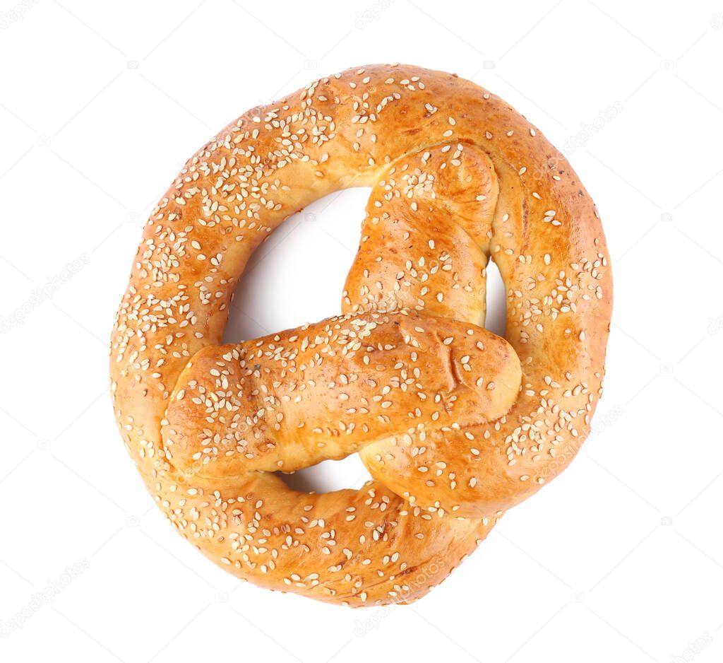 Tasty freshly baked pretzel isolated on white, top view