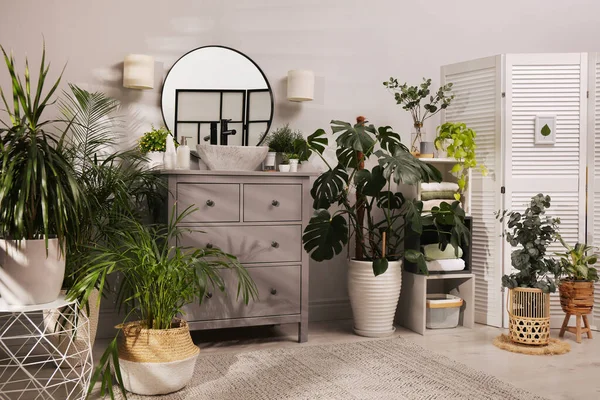 Intérieur Salle Bain Élégant Avec Des Meubles Modernes Belles Plantes — Photo