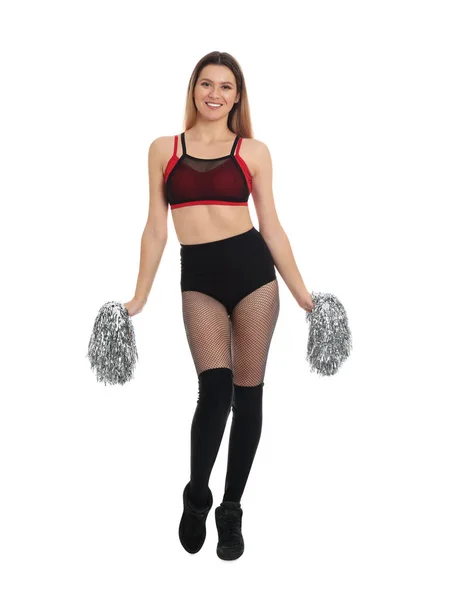 Mooie Cheerleader Kostuum Houden Pom Poms Witte Achtergrond — Stockfoto