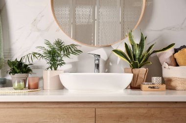 Banyo içinde lavabo, güzel yeşil bitkiler ve ayna var.