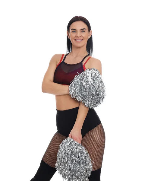 Beautiful Cheerleader Costume Holding Pom Poms White Background — Stock Photo, Image