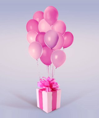 Güzel bir hediye kutusu ve açık mavi arka planda pembe balonlar.