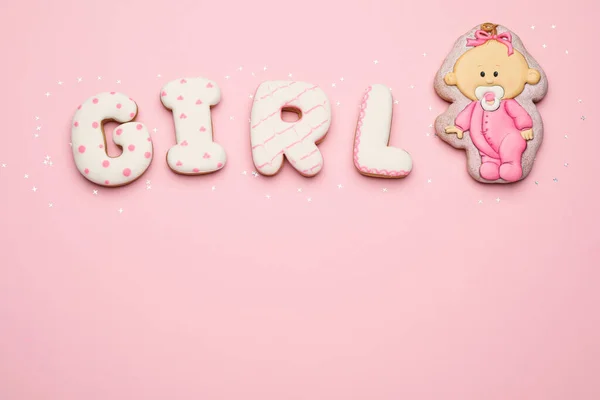 Слово Girl Сделано Вкусного Печенья Розовом Фоне Квартира Лежала Пространством — стоковое фото