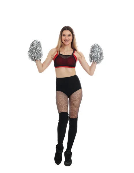 Beautiful Cheerleader Costume Holding Pom Poms White Background — 스톡 사진