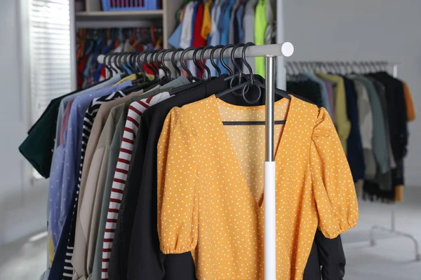 Rack Stylish Women Clothes Dressing Room — Stock Photo, Image