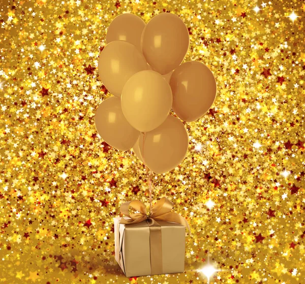 Caixa Presente Bonita Monte Balões Fundo Dourado Brilhante — Fotografia de Stock