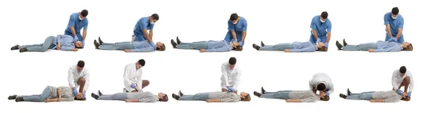Doctor Performing First Aid Unconscious Woman White Background Collage Banner — Stock Photo, Image