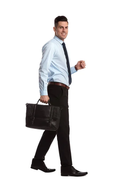 Businessman Stylish Leather Briefcase White Background — Stock Photo, Image