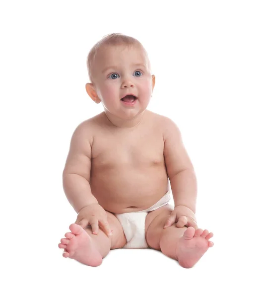 Cute Baby Dry Soft Diaper Sitting White Background Stock Photo