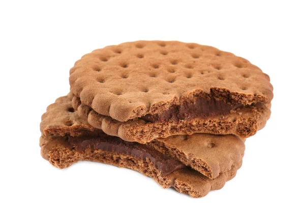 Bitten Tasty Chocolate Sandwich Cookies Cream White Background — Stock Photo, Image