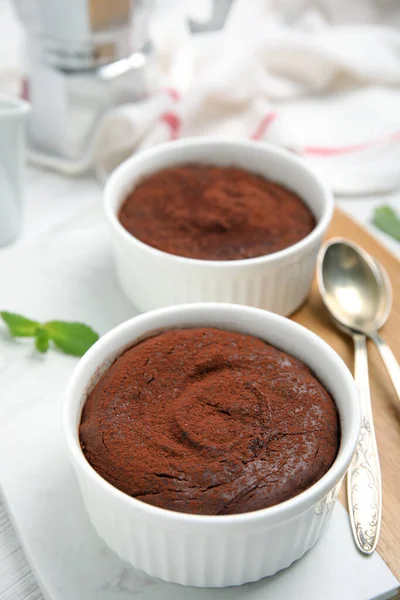 Delicious Fresh Chocolate Fondant White Table — Stock Photo, Image