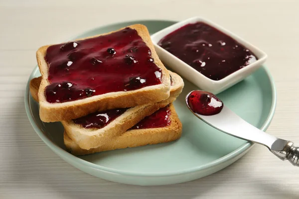 Délicieux Toasts Confiture Servis Sur Une Table Bois Blanc Gros — Photo