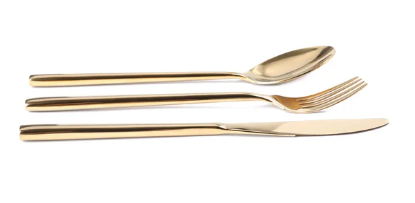 New Shiny Golden Cutlery White Background — Stock Photo, Image