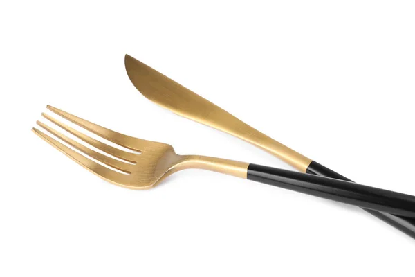 New Golden Fork Knife Black Handles White Background — Stock Photo, Image