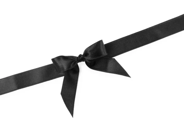 Black Satin Ribbon Bow White Background Top View — Stock Photo, Image