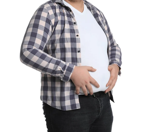 Übergewichtiger Mann Enger Kleidung Auf Weißem Hintergrund Nahaufnahme — Stockfoto