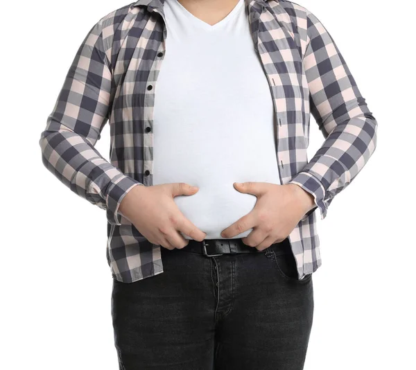 Overweight Man Tight Clothes White Background Closeup — Stock Photo, Image