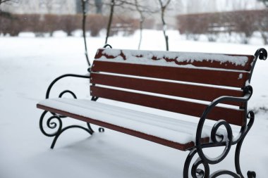 Şehir parkında karla kaplı bir bank.
