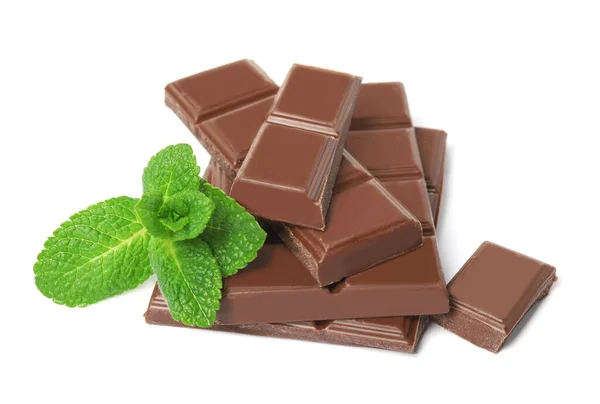 Tasty Milk Chocolate Pieces Mint White Background — Stock Photo, Image