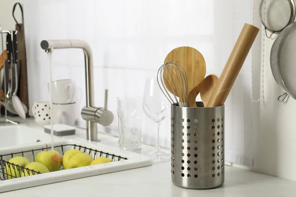 Holder Cooking Utensils Sink Kitchen Counter — Stock Photo, Image