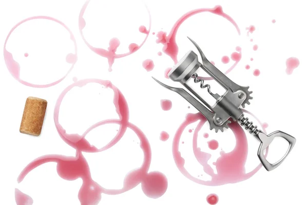 Red Wine Rings Drops Bung Metal Corkscrew White Background Top — Stock Photo, Image