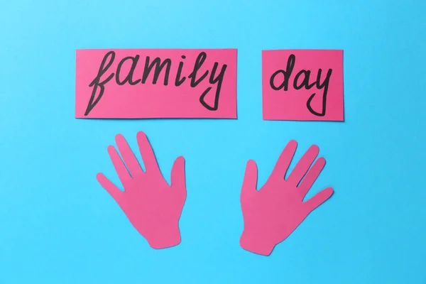 Cards Text Family Day Paper Palms Light Blue Background Flat — Stock Photo, Image