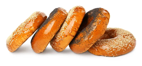 Many Delicious Fresh Bagels White Background — Stock Photo, Image