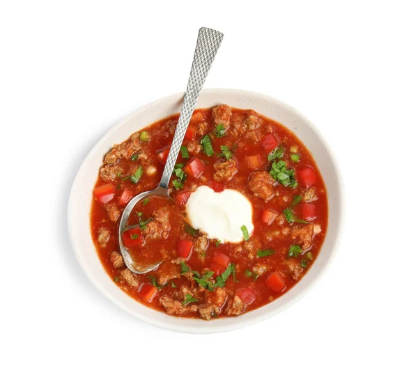 Taça Deliciosa Sopa Pimenta Recheada Fundo Branco Vista Superior — Fotografia de Stock