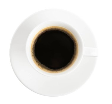 Bir fincan nefis kahve, beyaz, üst manzara.