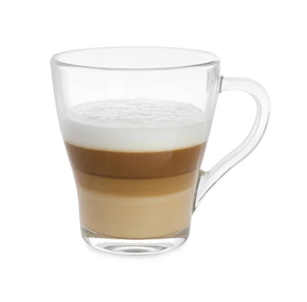 Скляна Чашка Ароматичної Кави Молоком Ізольовано Білому — стокове фото
