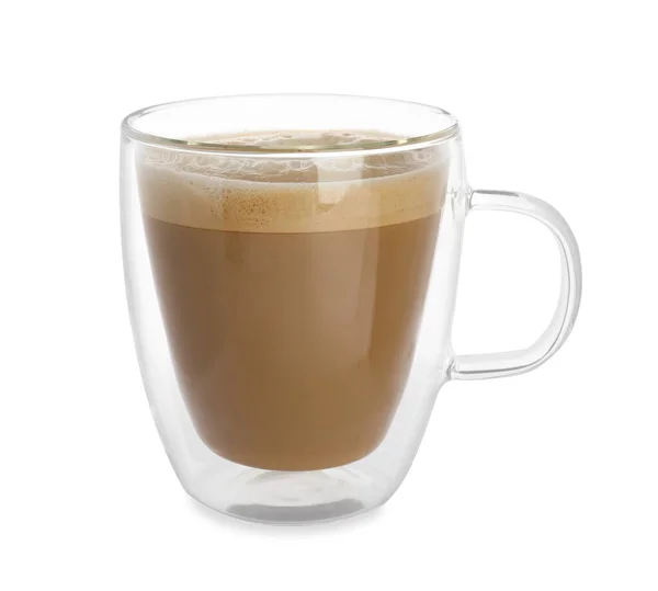 Copo Vidro Café Aromático Com Leite Isolado Branco — Fotografia de Stock