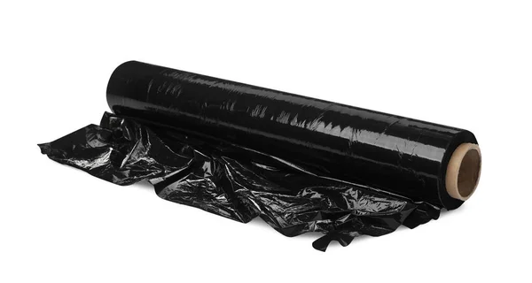 白に隔離された黒いプラスチック製のストレッチラップフィルムのロール — ストック写真