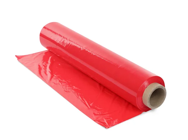 Ρολό Κόκκινης Πλαστικής Μεμβράνης Περιτύλιξης Που Απομονώνεται Λευκό — Φωτογραφία Αρχείου