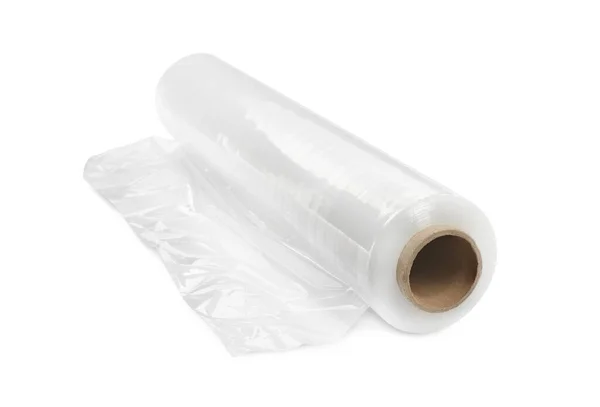 Rolo Filme Plástico Estiramento Envoltório Isolado Branco — Fotografia de Stock