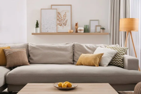 Stylish Living Room Interior Comfortable Grey Sofa Different Decor Elements — Stock Photo, Image