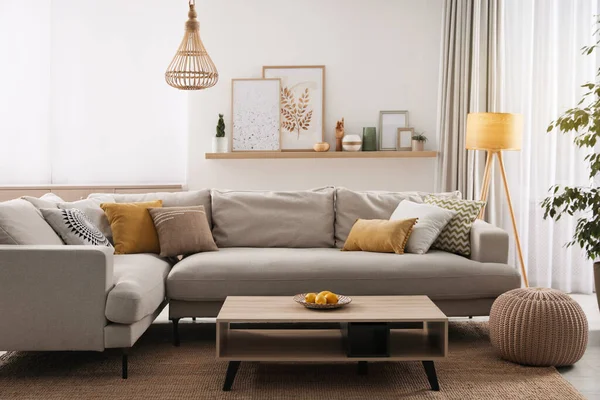 Stylish Living Room Interior Comfortable Grey Sofa Coffee Table — Stock Photo, Image