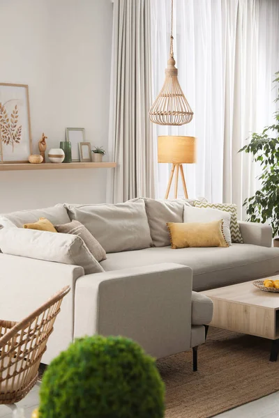 Stilvolles Wohnzimmerinterieur Mit Bequemem Grauen Sofa Und Verschiedenen Dekorelementen — Stockfoto