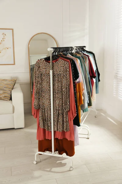 Rack Stylish Clothes Sofa Mirror Indoors Fast Fashion — Stock Photo, Image