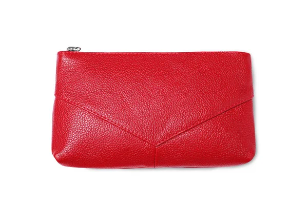 Bolso Cosmético Cuero Rojo Aislado Blanco Vista Superior — Foto de Stock