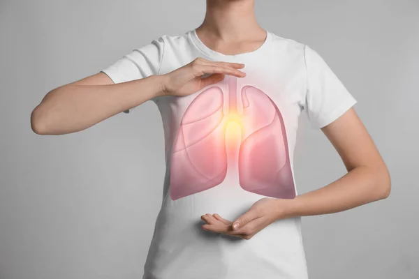 Woman Holding Hands Chest Illustration Lungs Light Grey Background Closeup — Stock Photo, Image