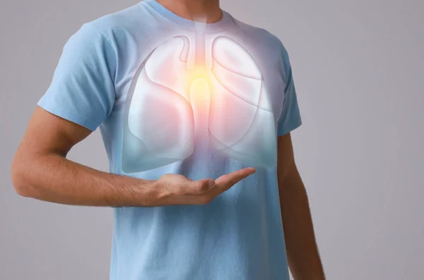 Man Holding Hand Chest Illustration Lungs Grey Background Closeup — Stock Photo, Image