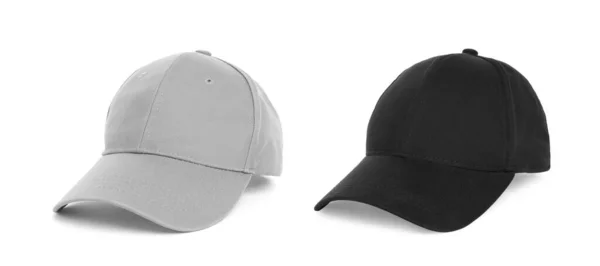 Beyaz Arka Planda Farklı Beyzbol Şapkaları Kolaj Tasarım Için Hazırlan — Stok fotoğraf