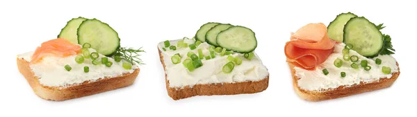 Opékaný Chléb Chutným Smetanovým Sýrem Lososem Prosciutto Okurkou Bílém Pozadí — Stock fotografie