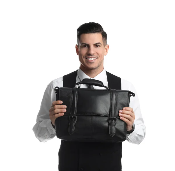 Hombre Negocios Con Elegante Maletín Cuero Sobre Fondo Blanco —  Fotos de Stock